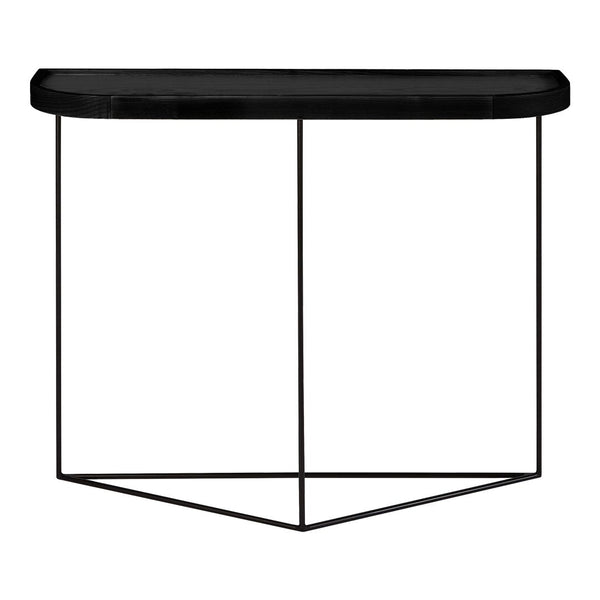 Black console table with a sleek, minimalist design and geometric black metal base. Perfect for modern interiors.