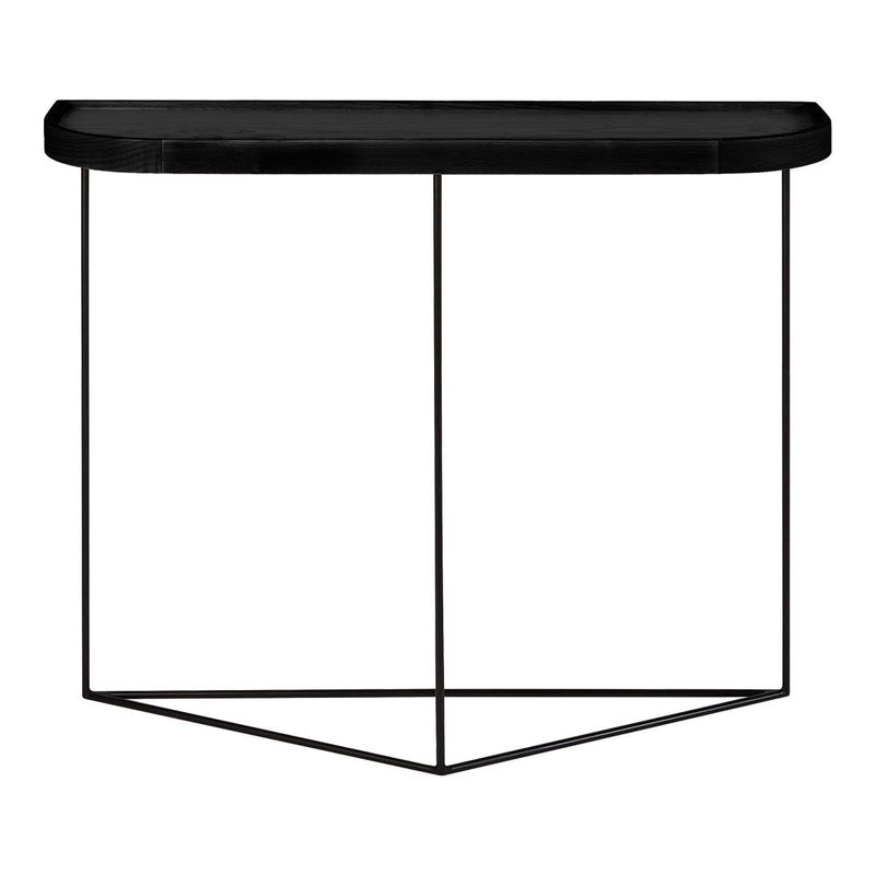 Black console table with a sleek, minimalist design and geometric black metal base. Perfect for modern interiors.