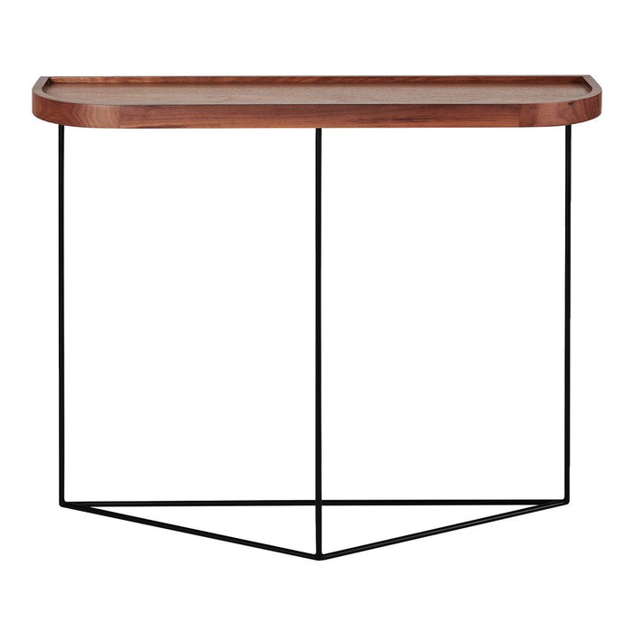 Wooden top in rich brown with a sleek black metal frame, featuring a modern geometric design.
