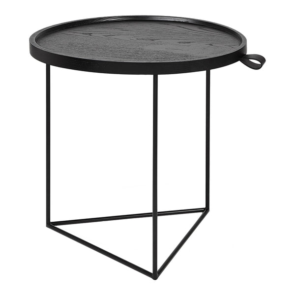Black round side table with a textured surface and geometric metal base design. Modern minimalist style.