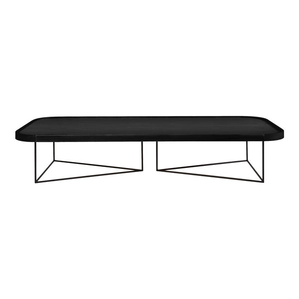 Sleek black rectangular coffee table with geometric wire base, perfect for modern decor.