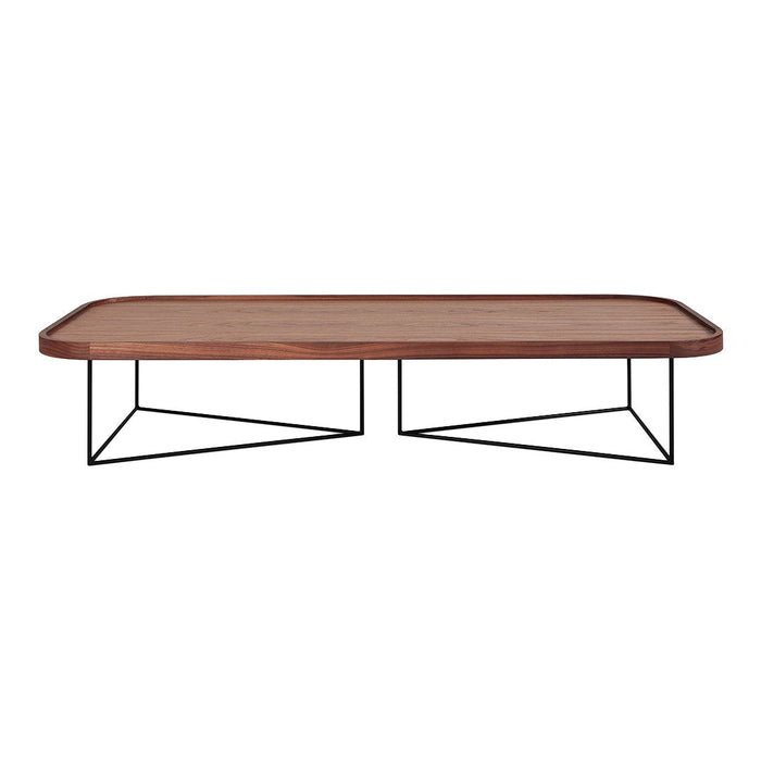 Modern rectangular coffee table with a rich wood finish and sleek black metal geometric legs. Perfect for contemporary decor.