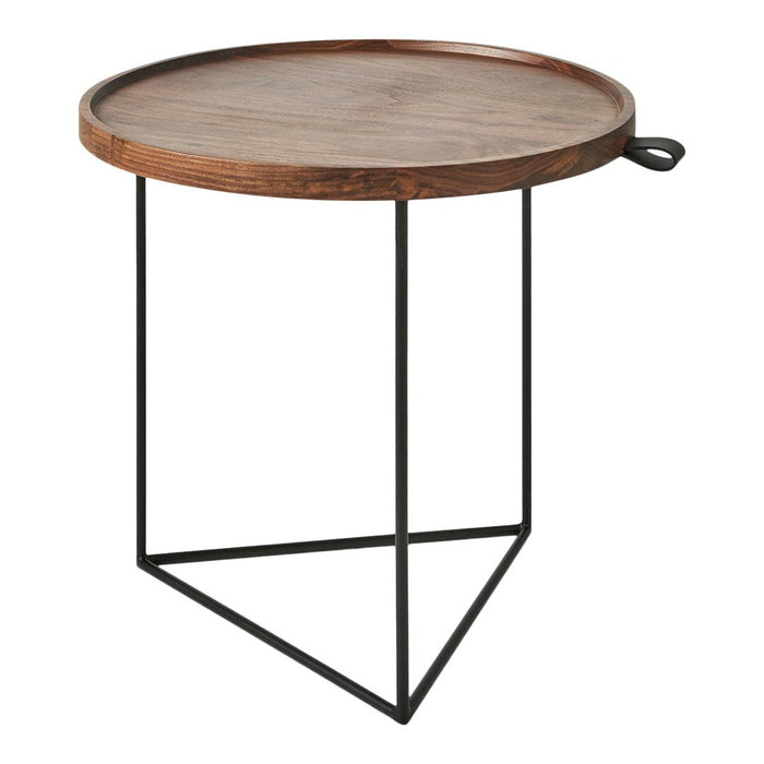 Round wooden top with a dark walnut finish, set on a sleek black metal tripod base.