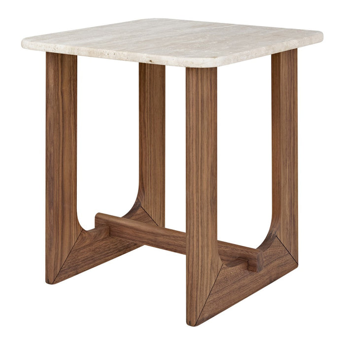 Elegant square accent table with a light beige stone top and rich brown wooden legs featuring a sleek, modern design.