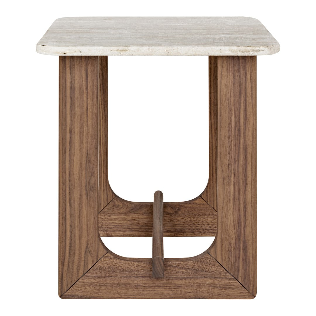 Wooden side table with a rich brown finish and a smooth light beige stone top. Polished, modern design.