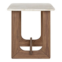 Wooden side table with a rich brown finish and a smooth light beige stone top. Polished, modern design.