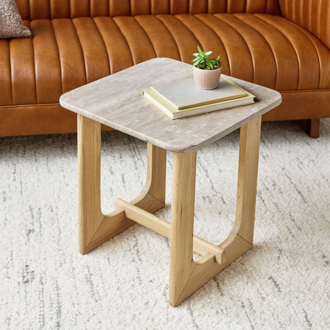 "Modern square side table with a light gray top and natural wood legs, featuring clean lines and minimalistic design."