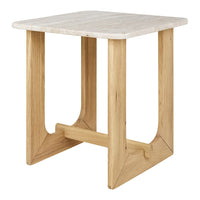 Square side table with a light gray marble top and natural oak legs, featuring a minimalist design and smooth finish.