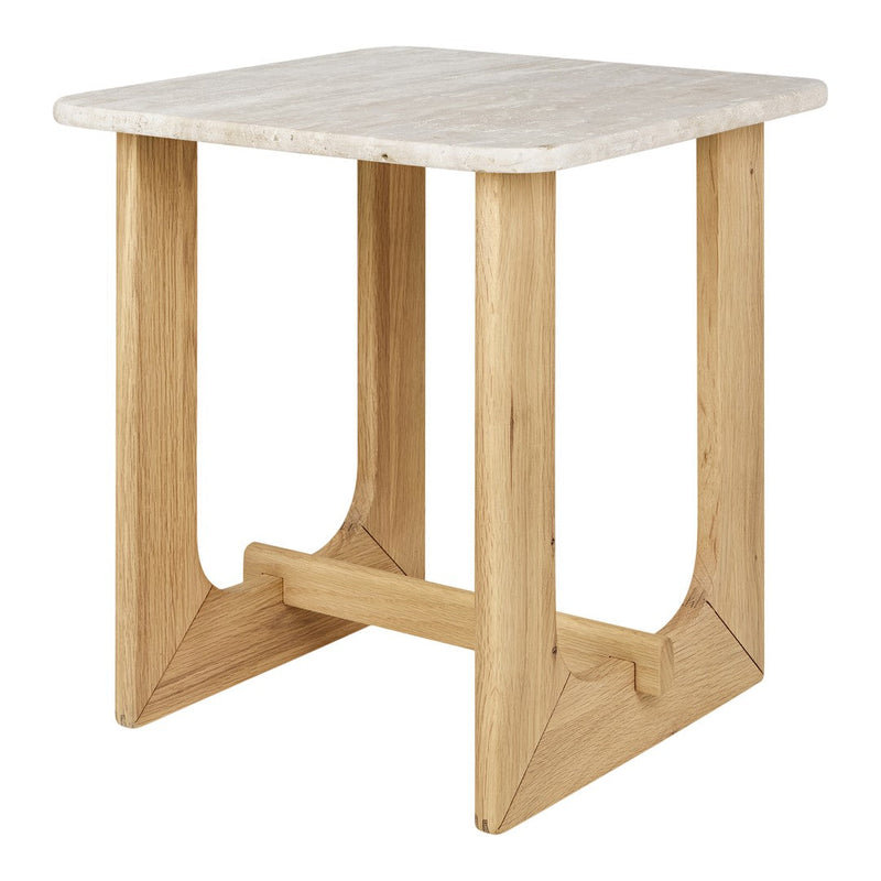Square side table with a light gray marble top and natural oak legs, featuring a minimalist design and smooth finish.