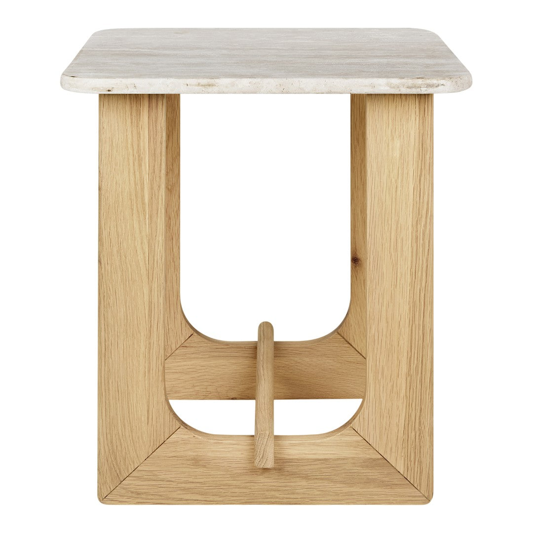 Wooden side table with a natural oak finish and a smooth, light-colored stone top. Minimalist and modern design.