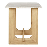 Wooden side table with a natural oak finish and a smooth, light-colored stone top. Minimalist and modern design.