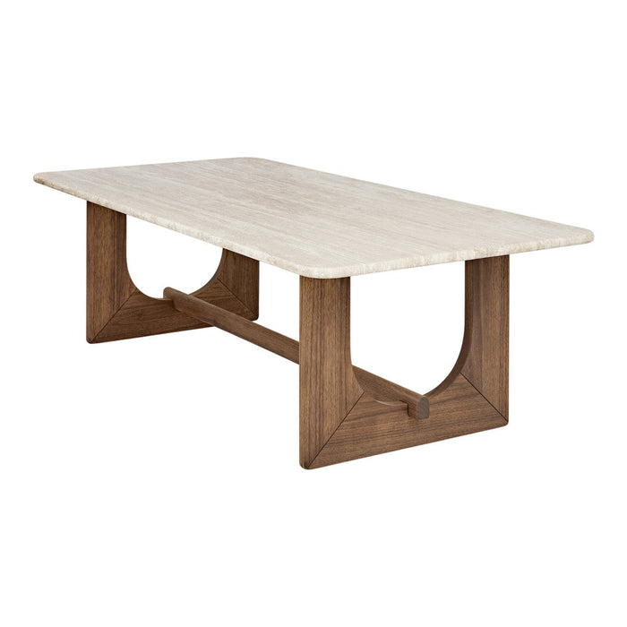 Neutral beige tabletop with light wood grain pattern, complemented by rich brown wooden legs and angular design accents.