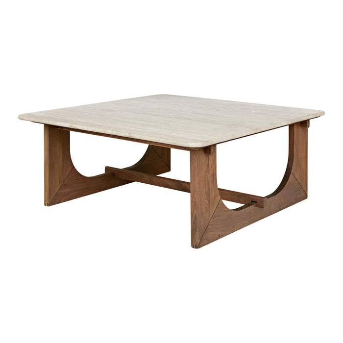 Square coffee table with a light-colored top and rich brown wood base featuring clean lines and minimalistic design.