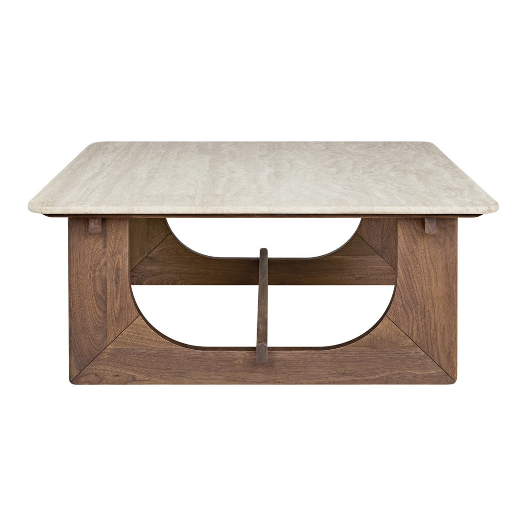 Modern square coffee table with a light beige top and rich brown wood base featuring sleek curved cutouts.