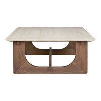 Modern square coffee table with a light beige top and rich brown wood base featuring sleek curved cutouts.