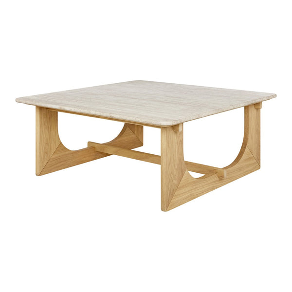 Square coffee table featuring a light beige top and natural wood base with geometric accents. Perfect for modern decor.
