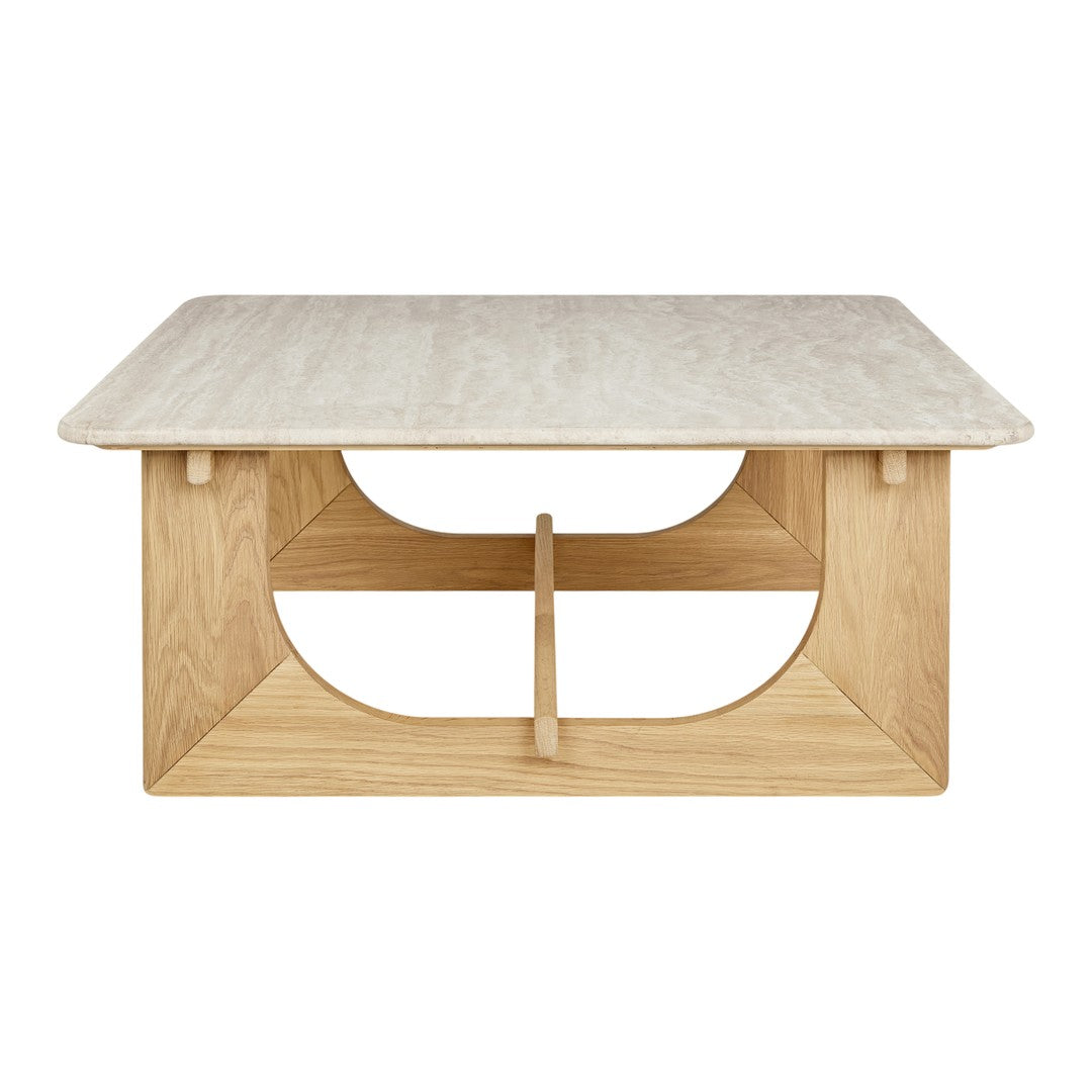 Light beige tabletop with a natural oak base featuring clean lines and a circular cutout pattern.