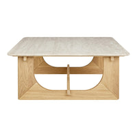 Light beige tabletop with a natural oak base featuring clean lines and a circular cutout pattern.