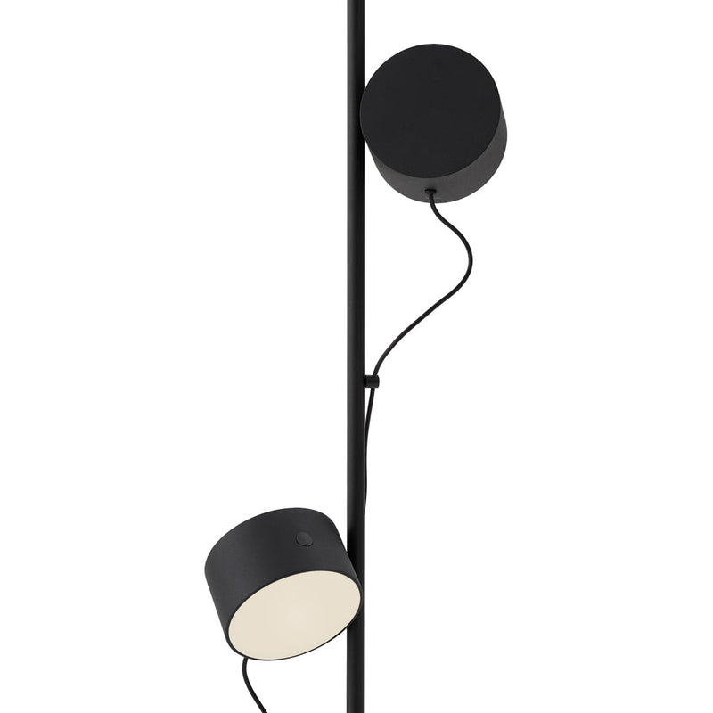 "Modern black lamp with two circular shades, featuring a sleek minimalist design and contrasting white interior."