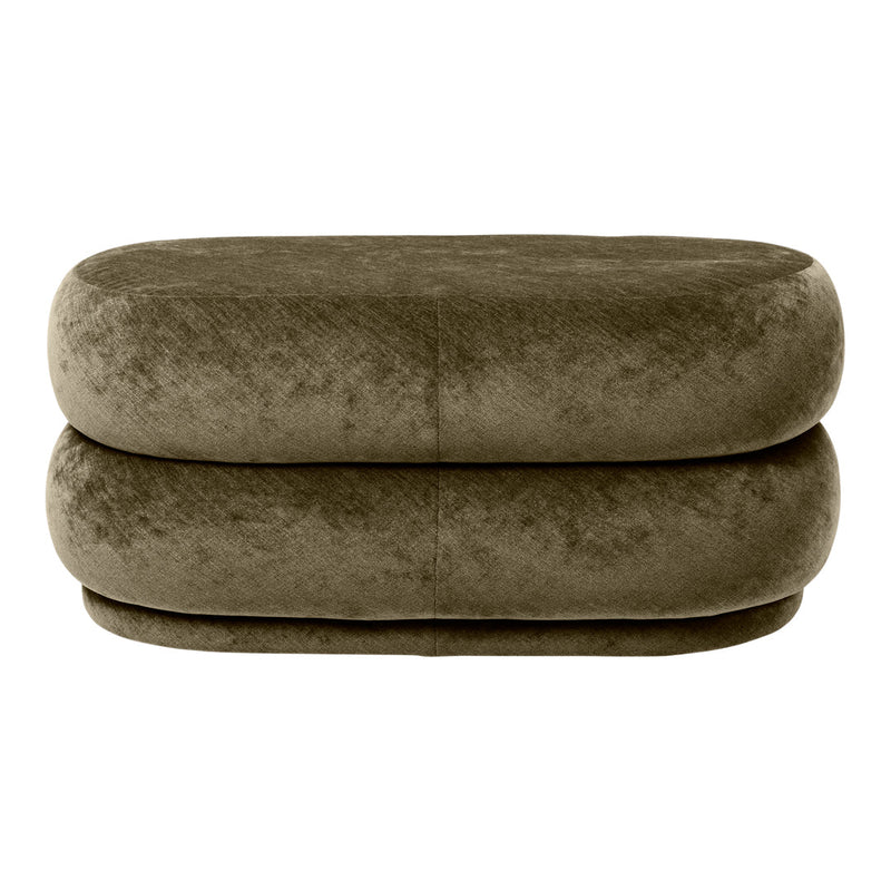 Olive green plush oval ottoman with a smooth, velvety texture and minimalistic design. Perfect for modern decor.