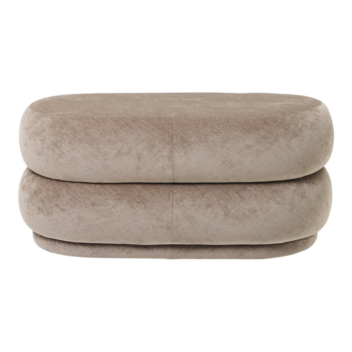 Beige upholstered ottoman with a smooth, rounded design, featuring a cozy, neutral color palette.