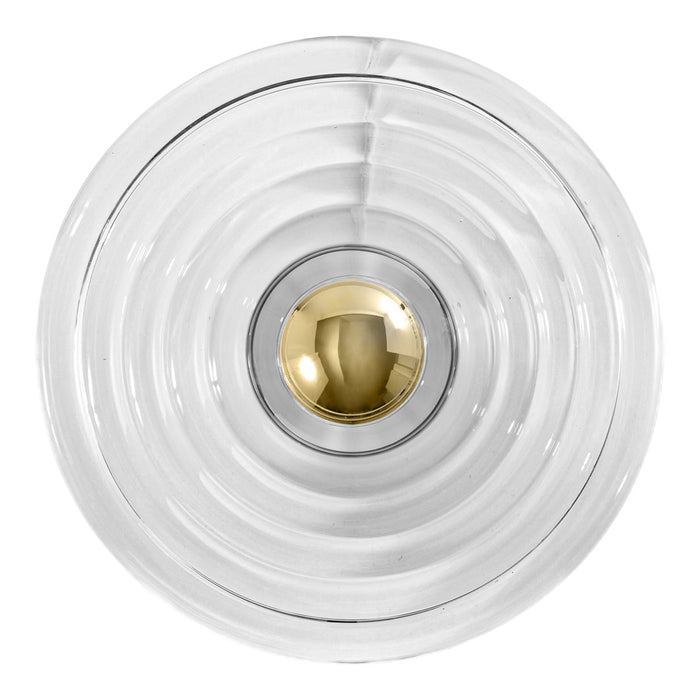 Clear glass circular lamp shade with a textured, rippled pattern and a golden center accent. Elegant and modern design.