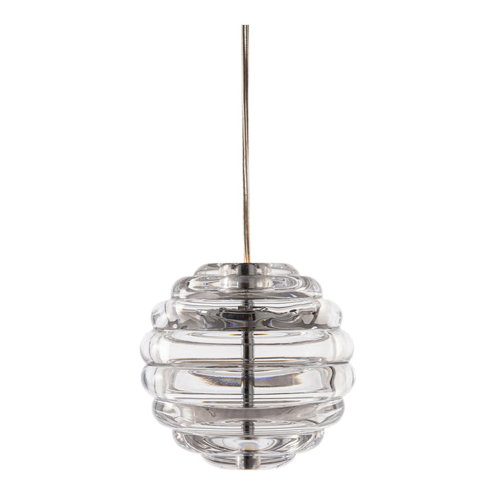 Clear glass pendant light with a ribbed, spherical design, showcasing a modern and elegant pattern.