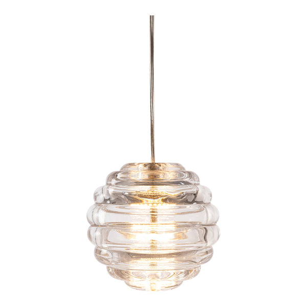 Clear glass pendant light with a ribbed texture and soft glow, perfect for modern decor.