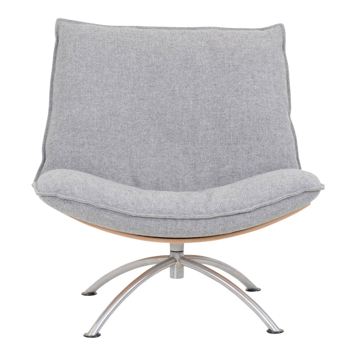 Stylish gray upholstered chair with a smooth, minimalist design and sleek chrome base. Perfect for modern decor.