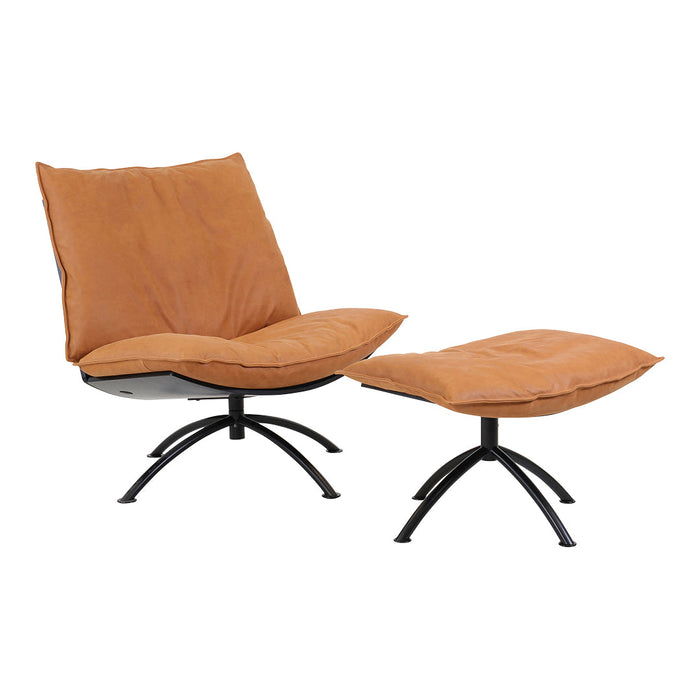Tan padded lounge chair and ottoman with sleek black metal base, featuring a modern, minimalist design.