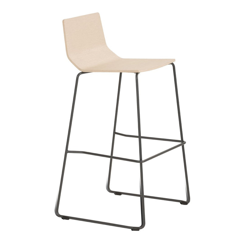 Beige bar stool with a minimalist design and black metal frame. Simple and modern aesthetic for any space.