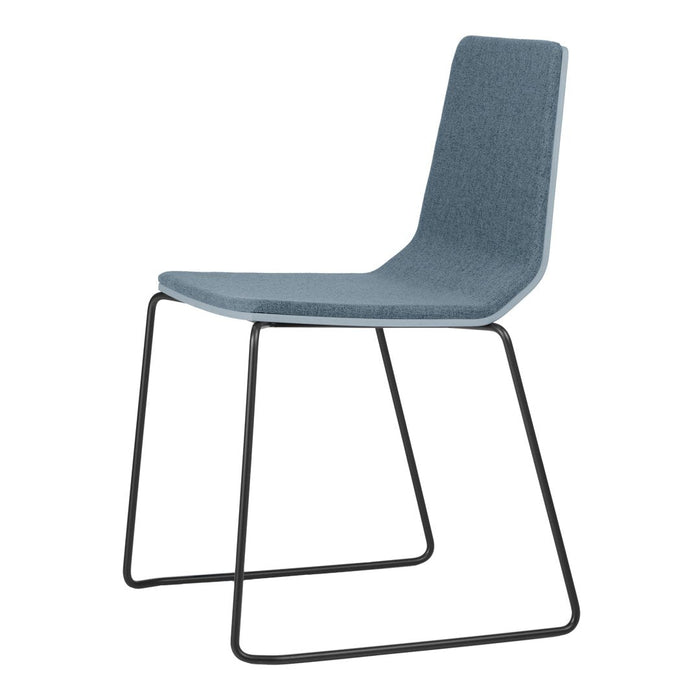 Light blue upholstered chair with a sleek, minimalist design and a sturdy black metal frame.