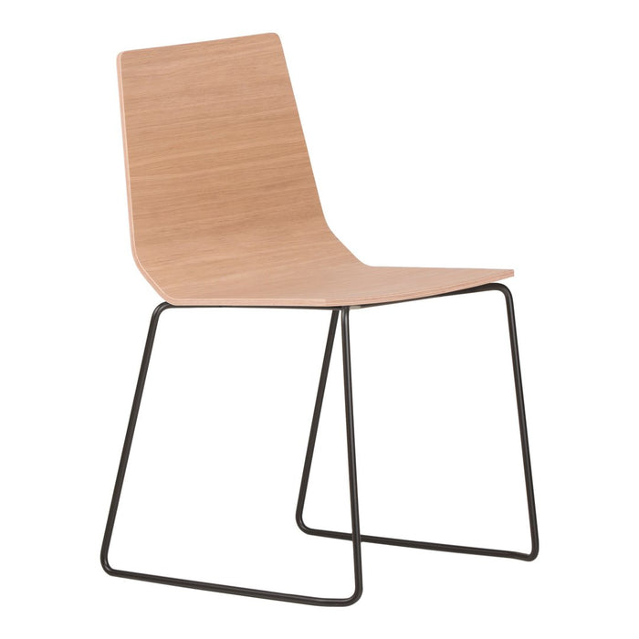 Minimalist wooden chair with a light natural finish and sleek black metal legs. Perfect for modern decor.