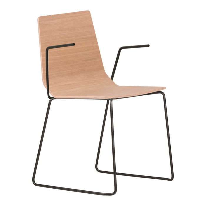 Light wood chair with a smooth finish and sleek black metal armrests and base, featuring a minimalist design.