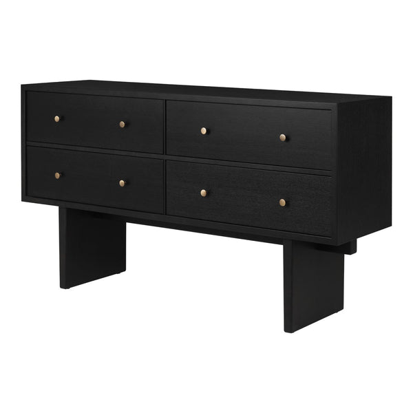 Black minimalist dresser with gold knobs, featuring four spacious drawers, sleek lines, and modern design.