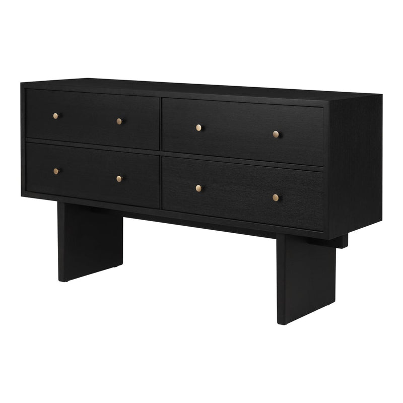 Black minimalist dresser with gold knobs, featuring four spacious drawers, sleek lines, and modern design.