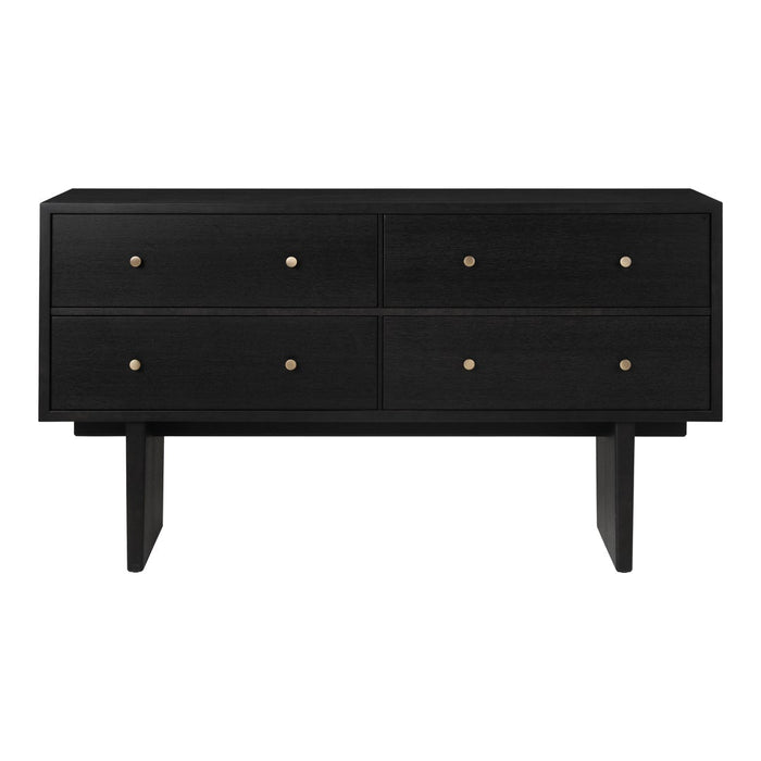 Black wooden dresser with sleek finish and brass knob accents, featuring a minimalist design and four spacious drawers.