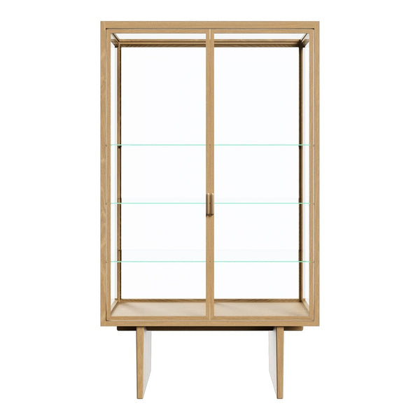 Light wood display cabinet with glass shelves and a minimalist design, showcasing a natural and airy aesthetic.