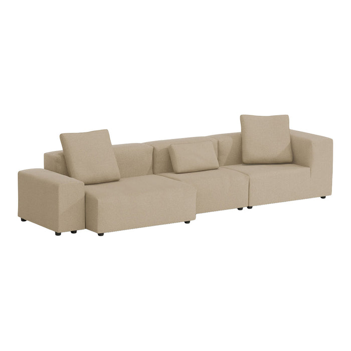 Beige modular sofa with a textured fabric, featuring soft cushions and a contemporary design.