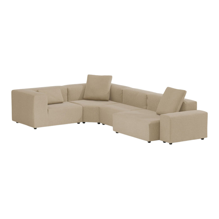 Beige sectional sofa with plush cushions and modern design, featuring a soft fabric texture and clean lines.