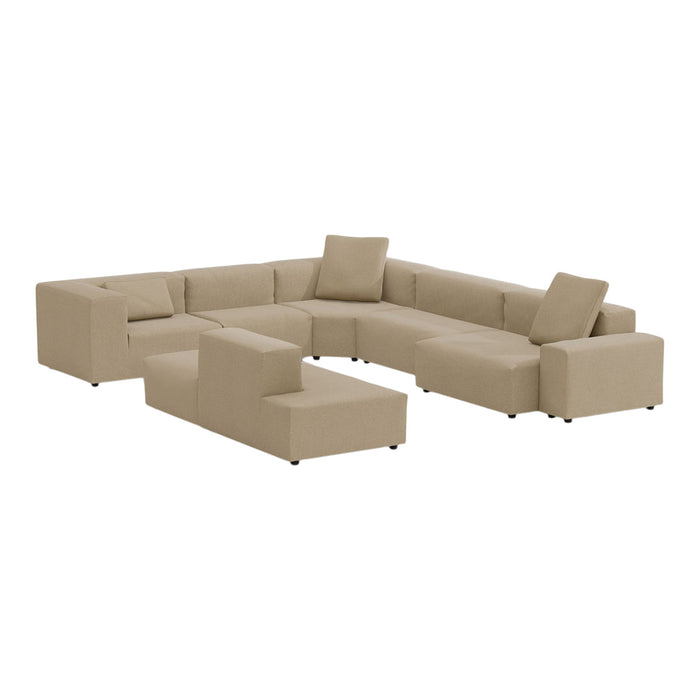 Beige sectional sofa with a modern, minimalistic design and smooth, textured fabric upholstery.