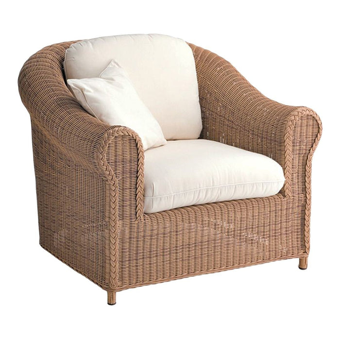 Beige wicker armchair with light cream cushions, featuring a smooth, woven texture and a cozy, rounded design.