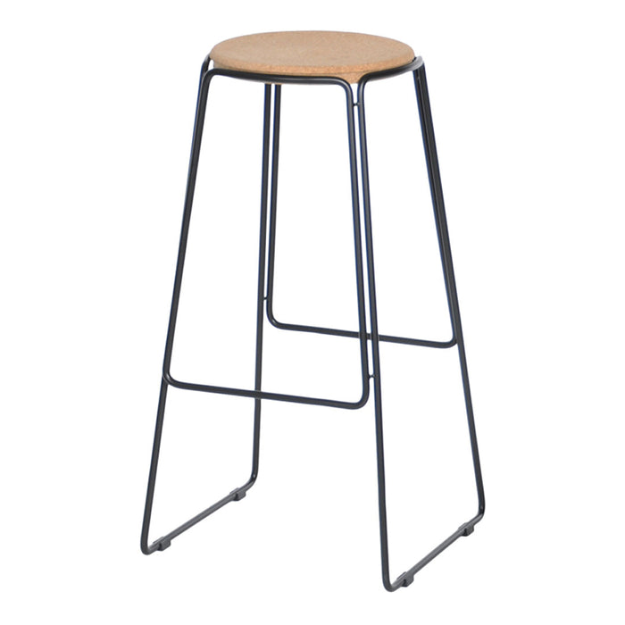 Bar stool with a natural wood seat and a sleek black metal frame, featuring a minimalist design.