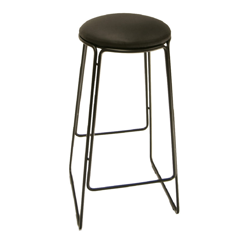 Black padded bar stool with a sleek black metal frame, featuring a minimalist design and smooth, round silhouette.