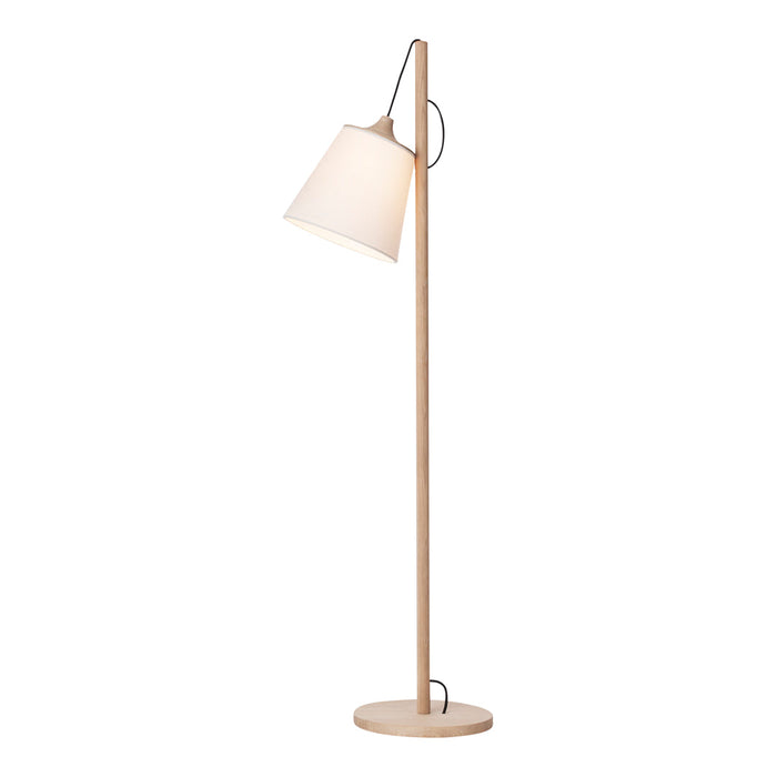 Minimalist wooden floor lamp with a soft white shade and natural wood finish. Perfect for modern decor.