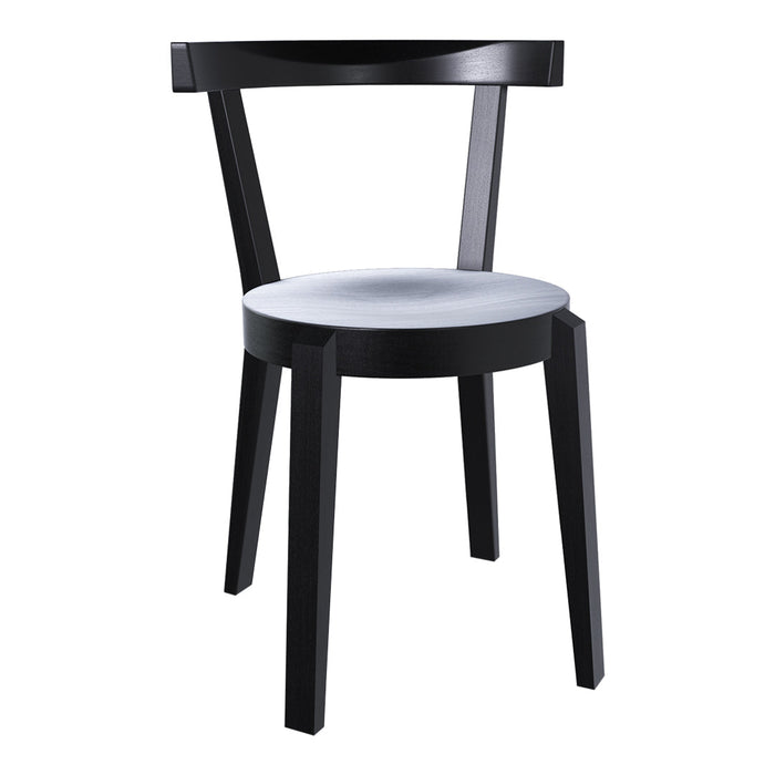 Black wooden chair with a sleek, minimalist design and a round white cushion seat. Perfect for modern decor.