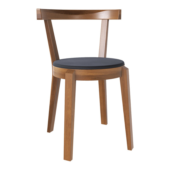 Wooden chair with a warm brown finish and a sleek black seat cushion, featuring minimalist design and clean lines.