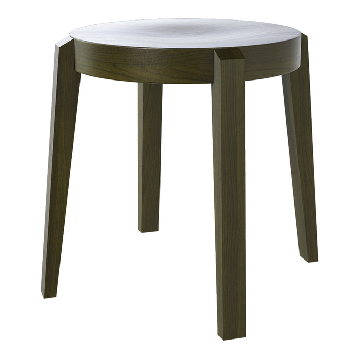 Round white top with dark wooden legs, creating a sleek and modern contrast. Ideal for any contemporary decor.