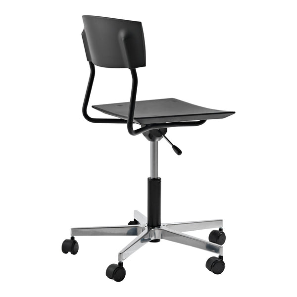 Black adjustable office chair with sleek, minimalistic design and chrome base, featuring a smooth, modern finish.