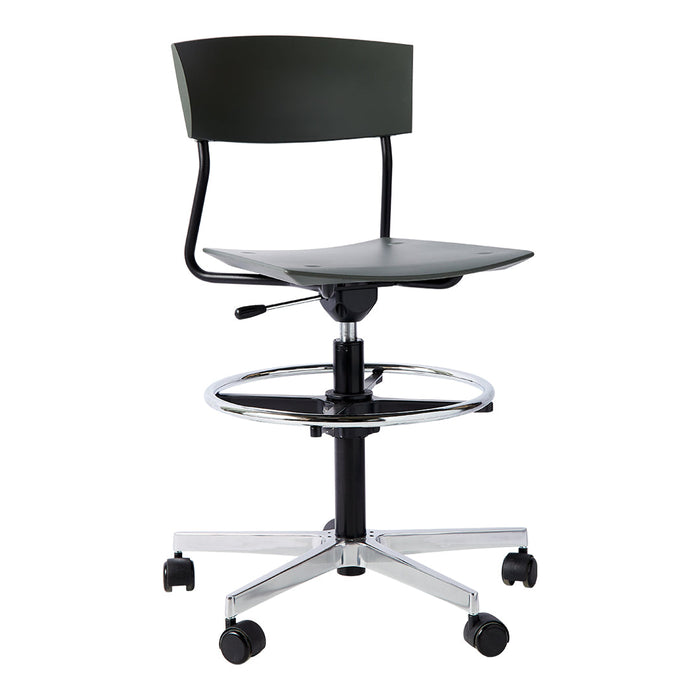 Black swivel chair with a minimalist design and chrome accents, featuring a solid back and seat.